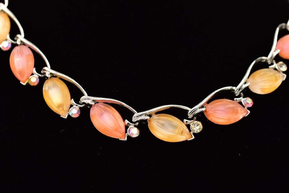 Star Vintage Choker Collar Necklace Frosted Lucite Orange Silver Signed BinBE